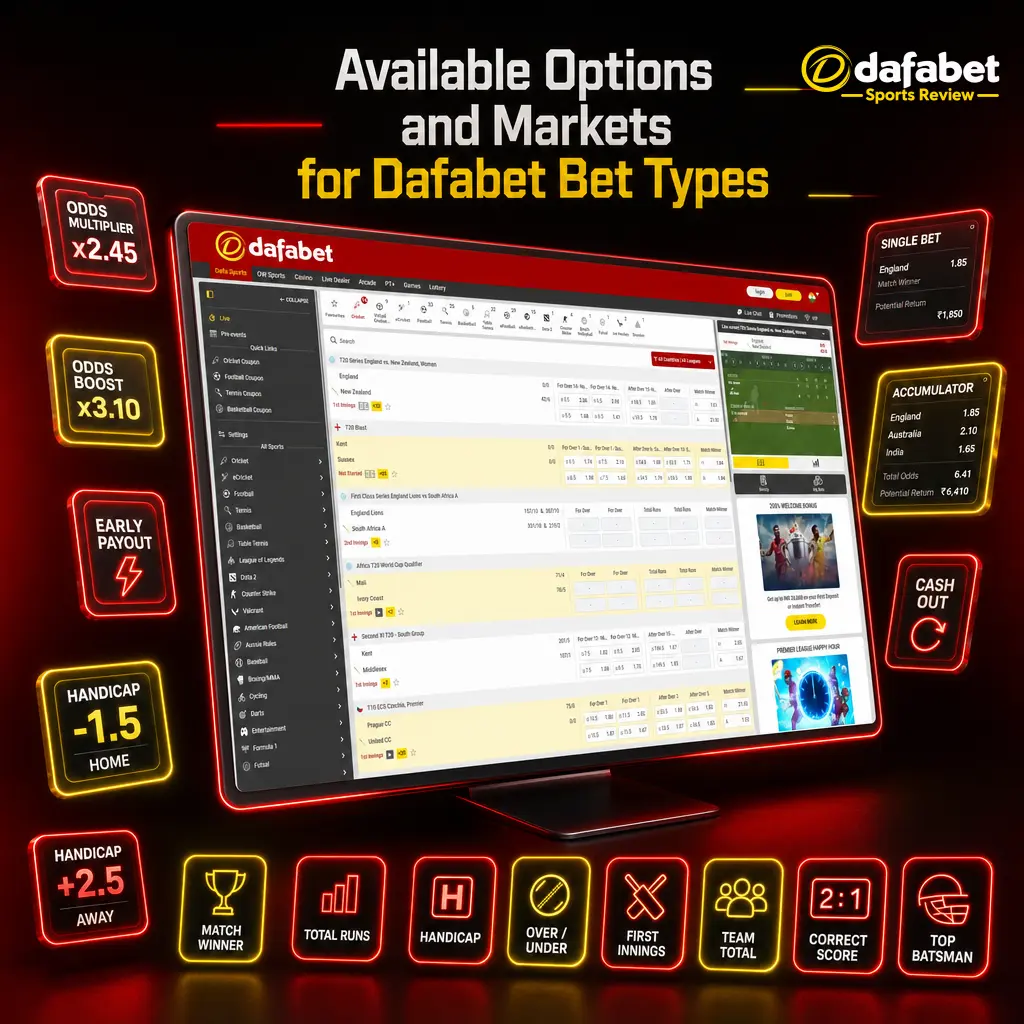 Overview of Dafabet bet types, including Single, Accumulator, Asian Handicap, and System bets for various markets.