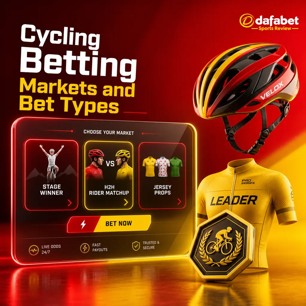 Dafabet cycling betting markets: outright GC, stage winner, head-to-head, KOM jersey, top 10 finish, and team classification odds.