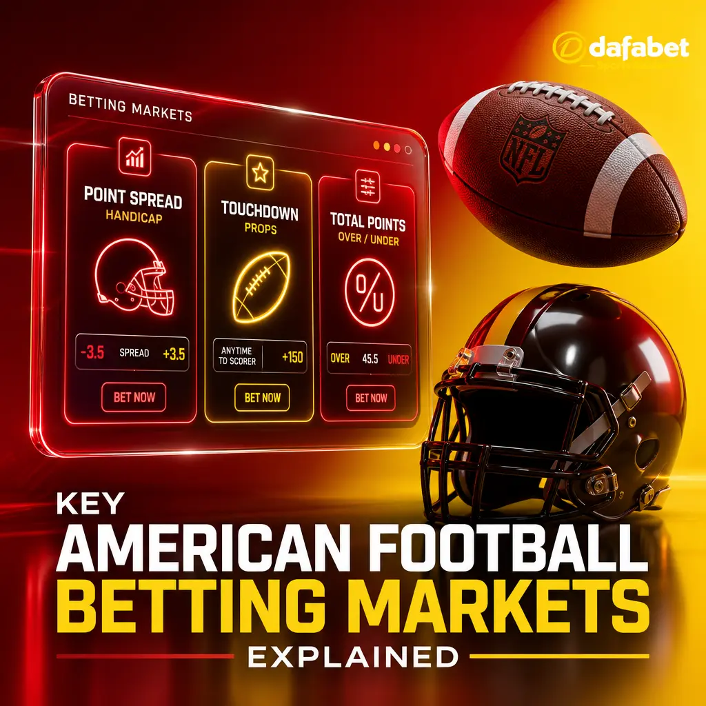 Overview of Dafabet American football betting markets: spread, money line, totals, player props, winning margin, and parlays.