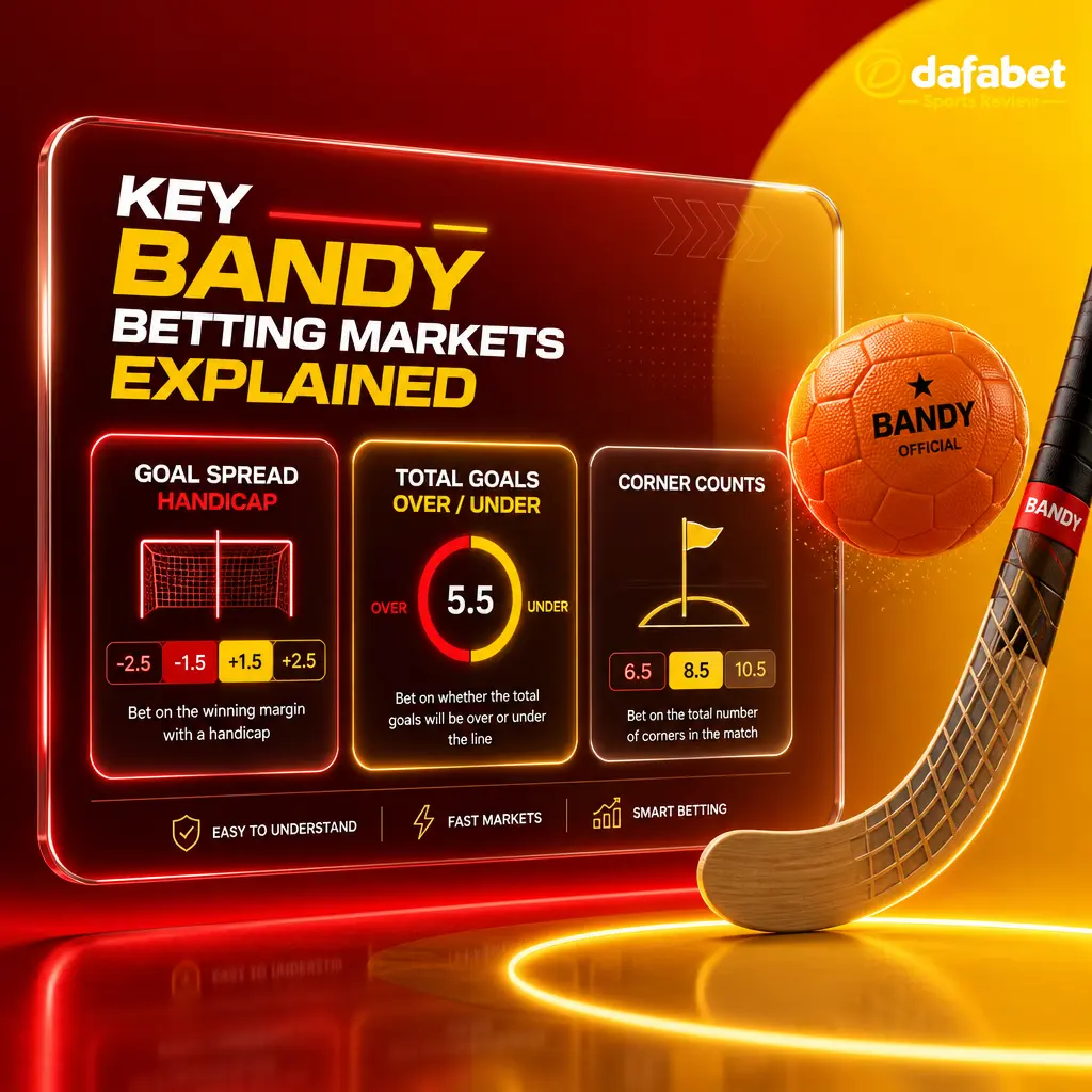 Dafabet Bandy betting markets: goal spread, moneyline, over/under, halftime/fulltime, corner handicap, and correct score explained.