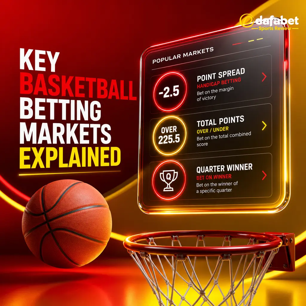 Overview of Dafabet basketball betting markets: spread, moneyline, totals, quarter/half, player props, and winning margin.