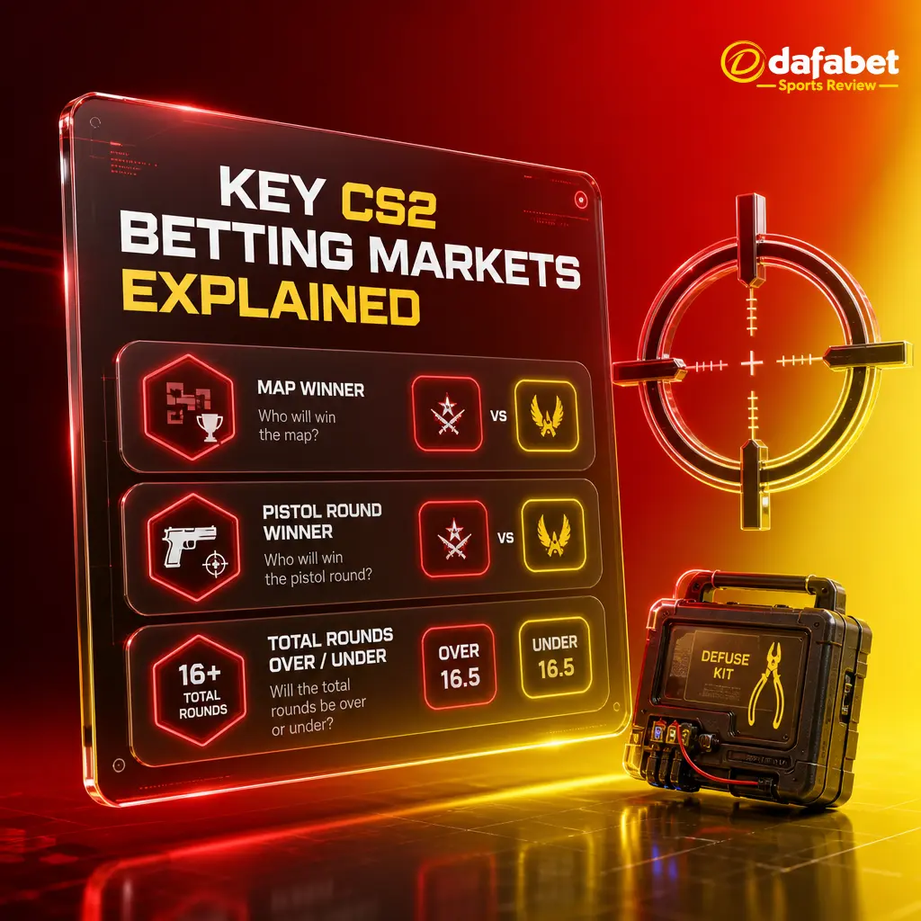 Key CS2 betting markets on Dafabet: match winner, map handicap, total rounds, pistol round, kill props, correct score, overtime.