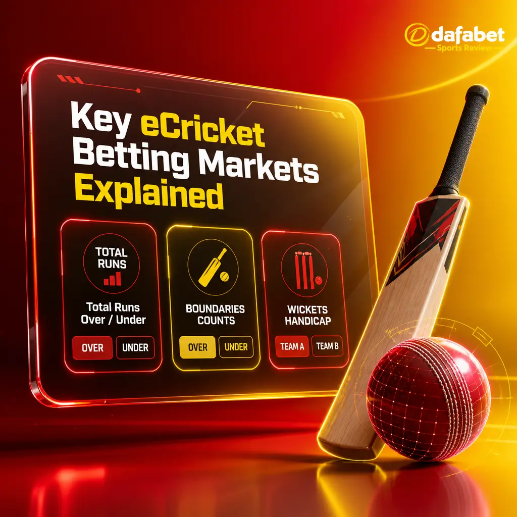 Overview of Dafabet eCricket betting markets: Match Winner, Total Runs, Boundaries, Opening Partnership, Wickets Lost, and Run Handicap.