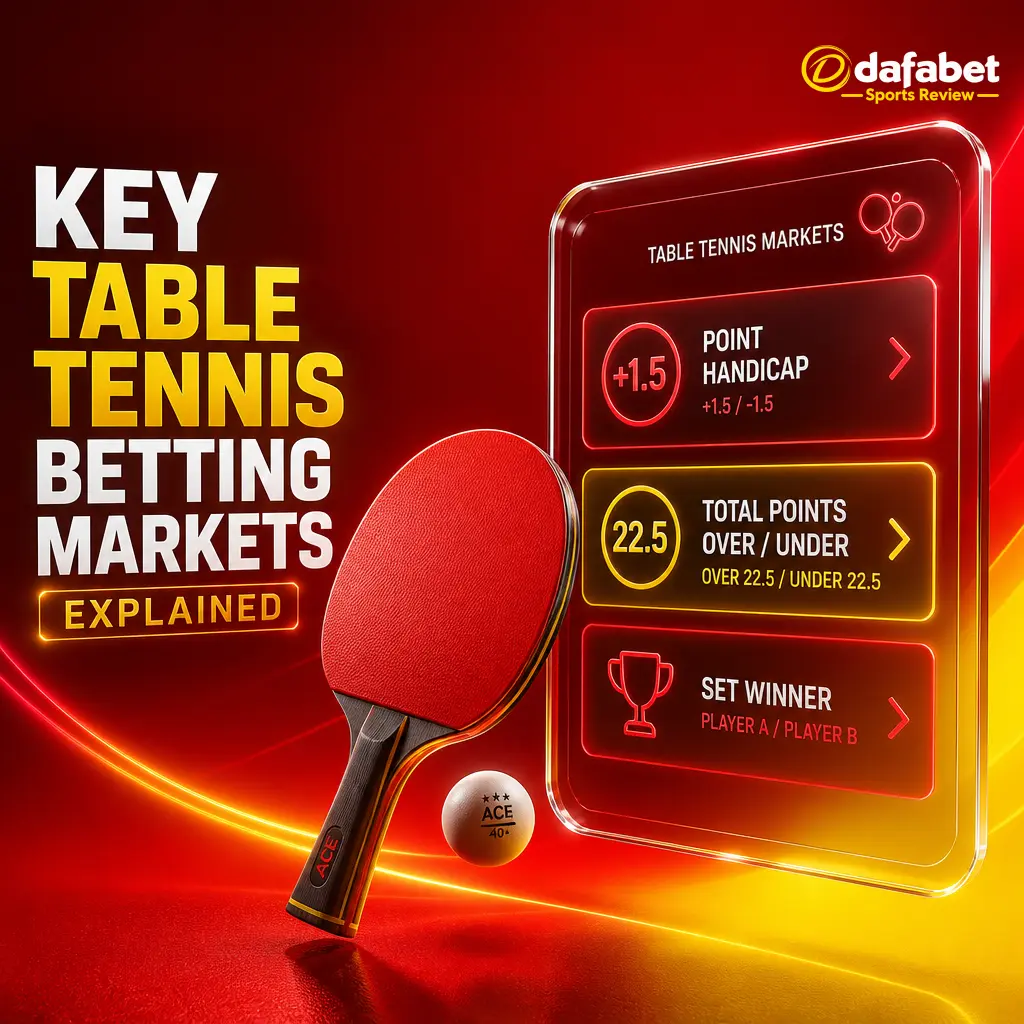 Overview of six key Dafabet table tennis betting markets: moneyline, set handicap, total points, correct score, set winner, total sets.