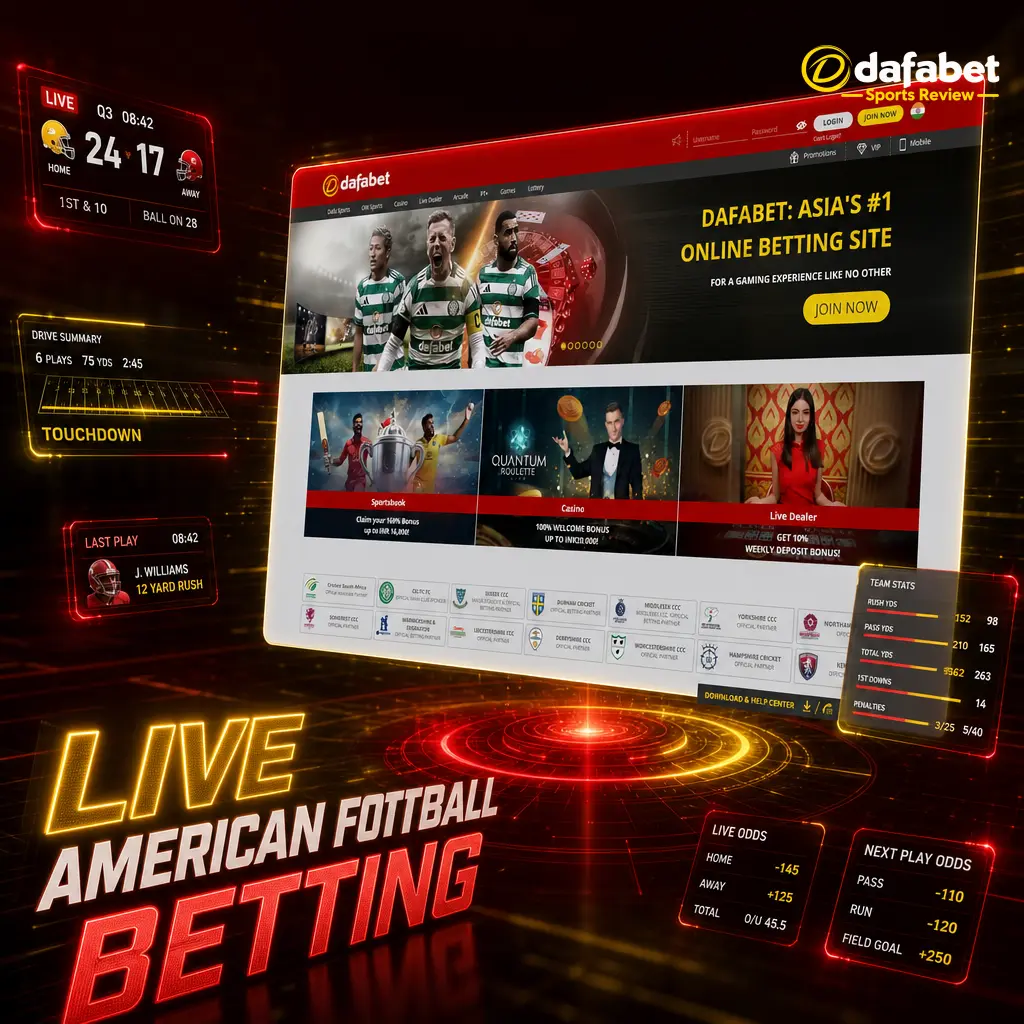 Live American football betting odds on Dafabet showing real-time score, quarter, and in-game stats for NFL and NCAA matches.