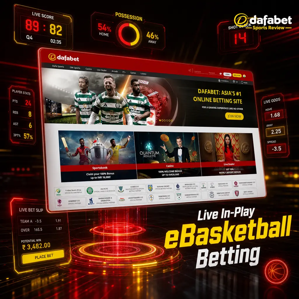 Live in-play eBasketball betting on Dafabet with real-time odds, quarter score tracker, and embedded stream on match page.