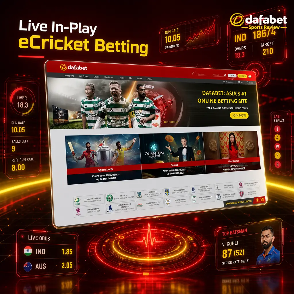 Live in-play eCricket betting odds updating over by over on Dafabet with streaming match action and fast bet confirmation
