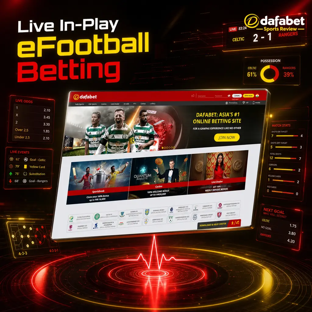 Live in-play eFootball betting on Dafabet with real-time odds, halftime markets, embedded streams, and fast bet slip execution.