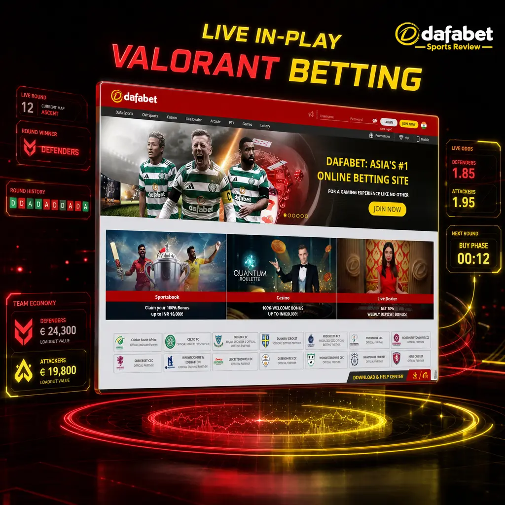 Live in-play Valorant betting on Dafabet with real-time odds, economy tracking, Twitch streams, and fast bet slip confirmations.