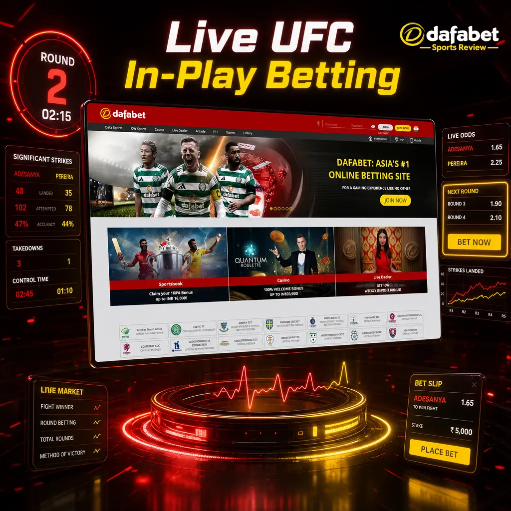 Live UFC in-play betting on Dafabet with real-time odds, strike stats, Cash Out option, and fast bet processing during fights.