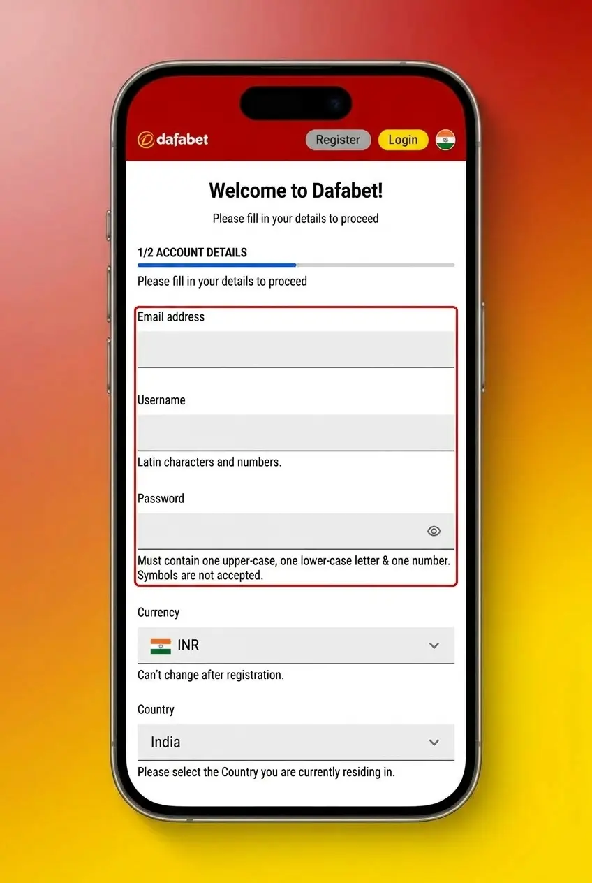 Step-by-step Dafabet sign up form showing registration fields for creating a new betting account with INR currency.