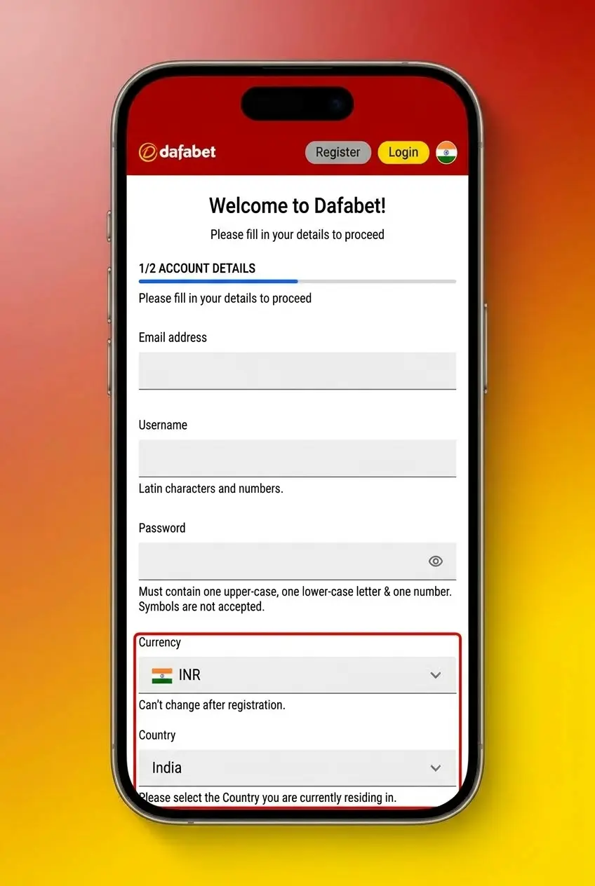Step-by-step Dafabet sign up screenshot showing registration form for creating a new betting account with INR currency