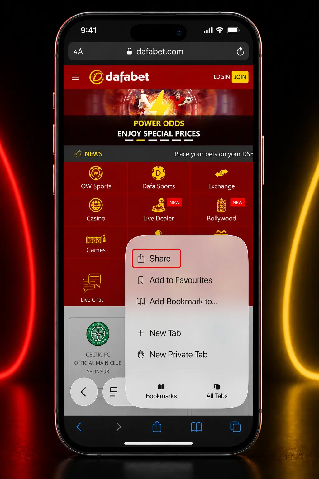 Step-by-step guide showing how to install the Dafabet app on iOS via Safari and Add to Home Screen