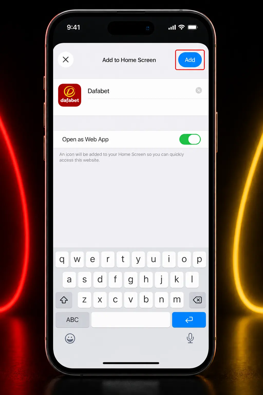 Step-by-step guide showing how to install Dafabet app on iOS using Safari's Add to Home Screen feature.
