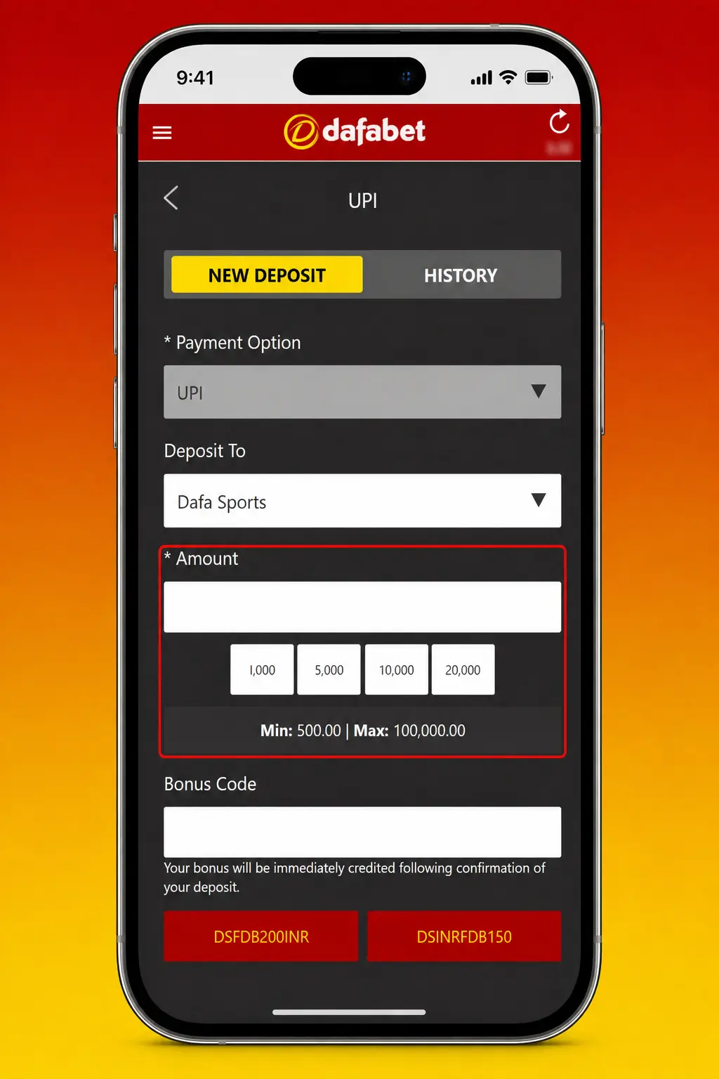 Step-by-step screenshot guide showing how to deposit money at Dafabet using UPI, Net Banking, or cards