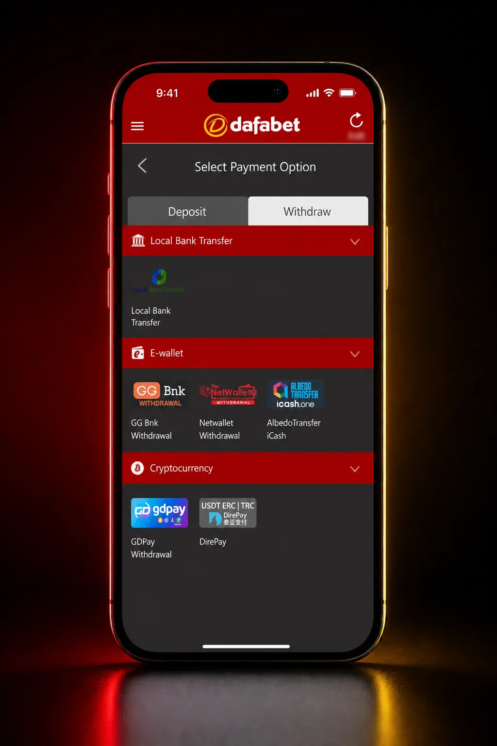 Step-by-step screenshot guide showing how to withdraw money from Dafabet account using UPI, bank transfer, or crypto.