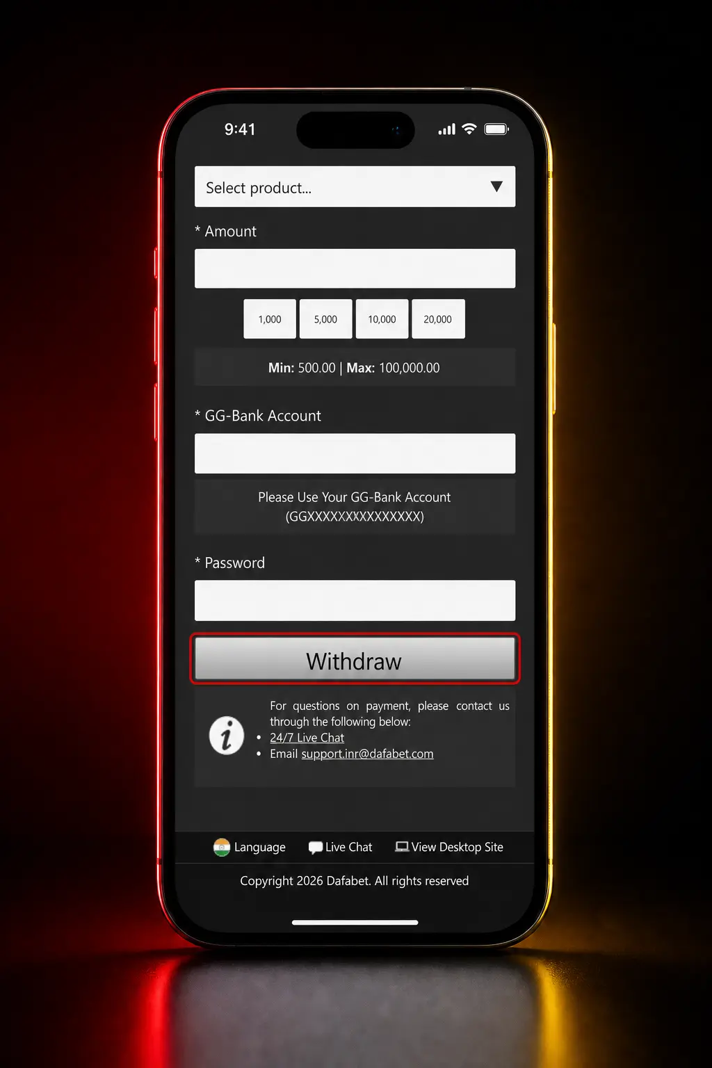 Step-by-step screenshot showing how to withdraw money from Dafabet account using UPI, bank transfer, or crypto.
