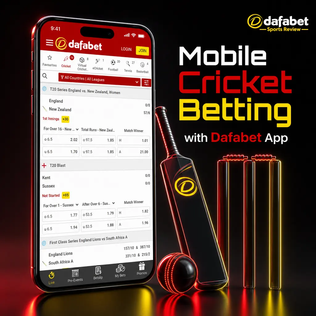 Dafabet app screen showing mobile cricket betting with live odds and quick bet placement features.