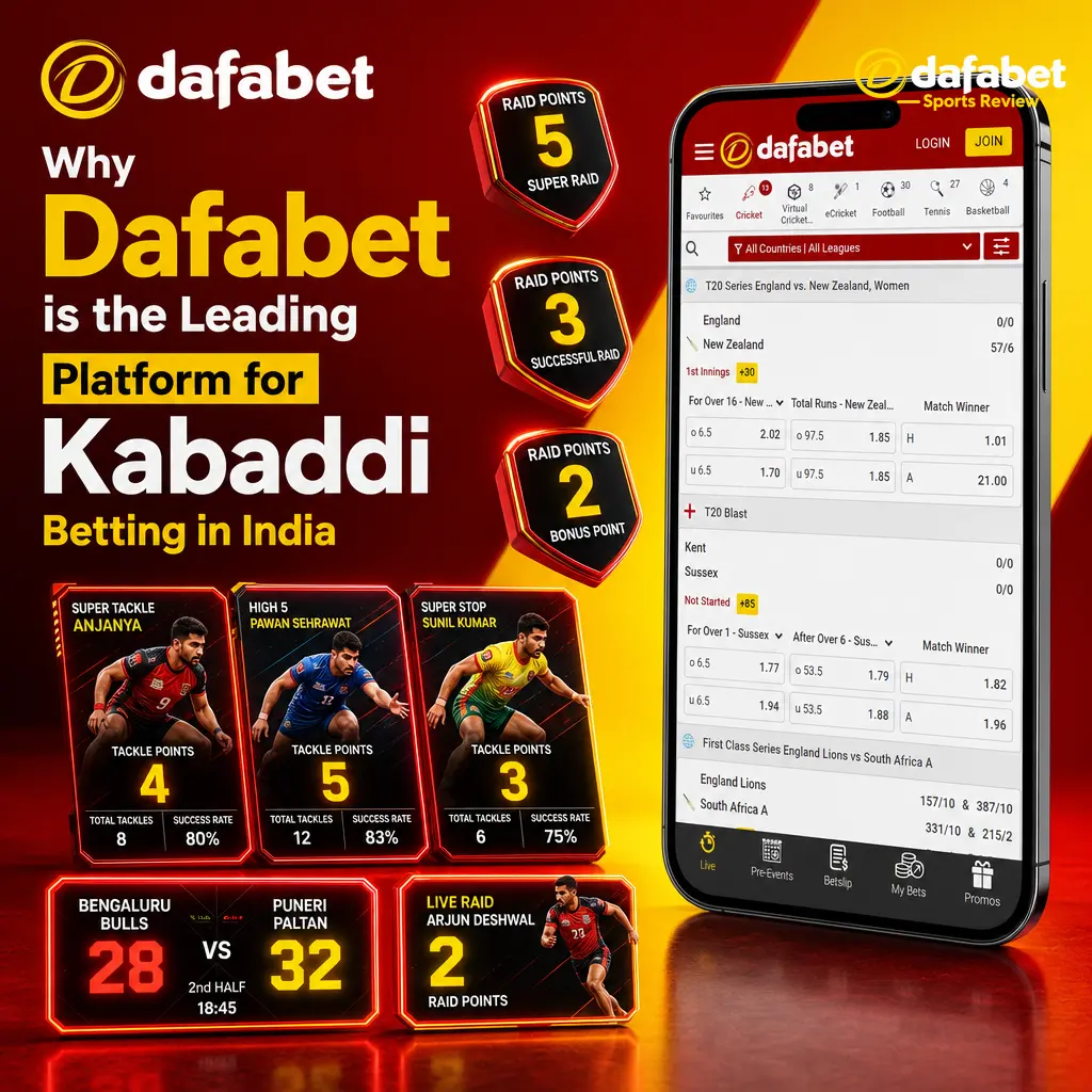Dafabet Kabaddi betting platform showing PKL match odds, raid points markets, and head-to-head team stats for Indian bettors